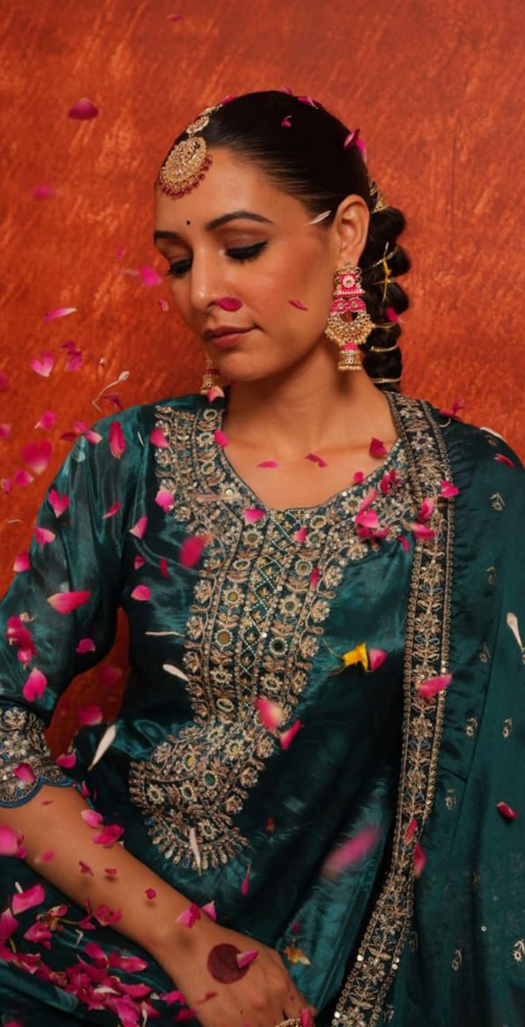 Teal blue Chinon embroidered salwar set