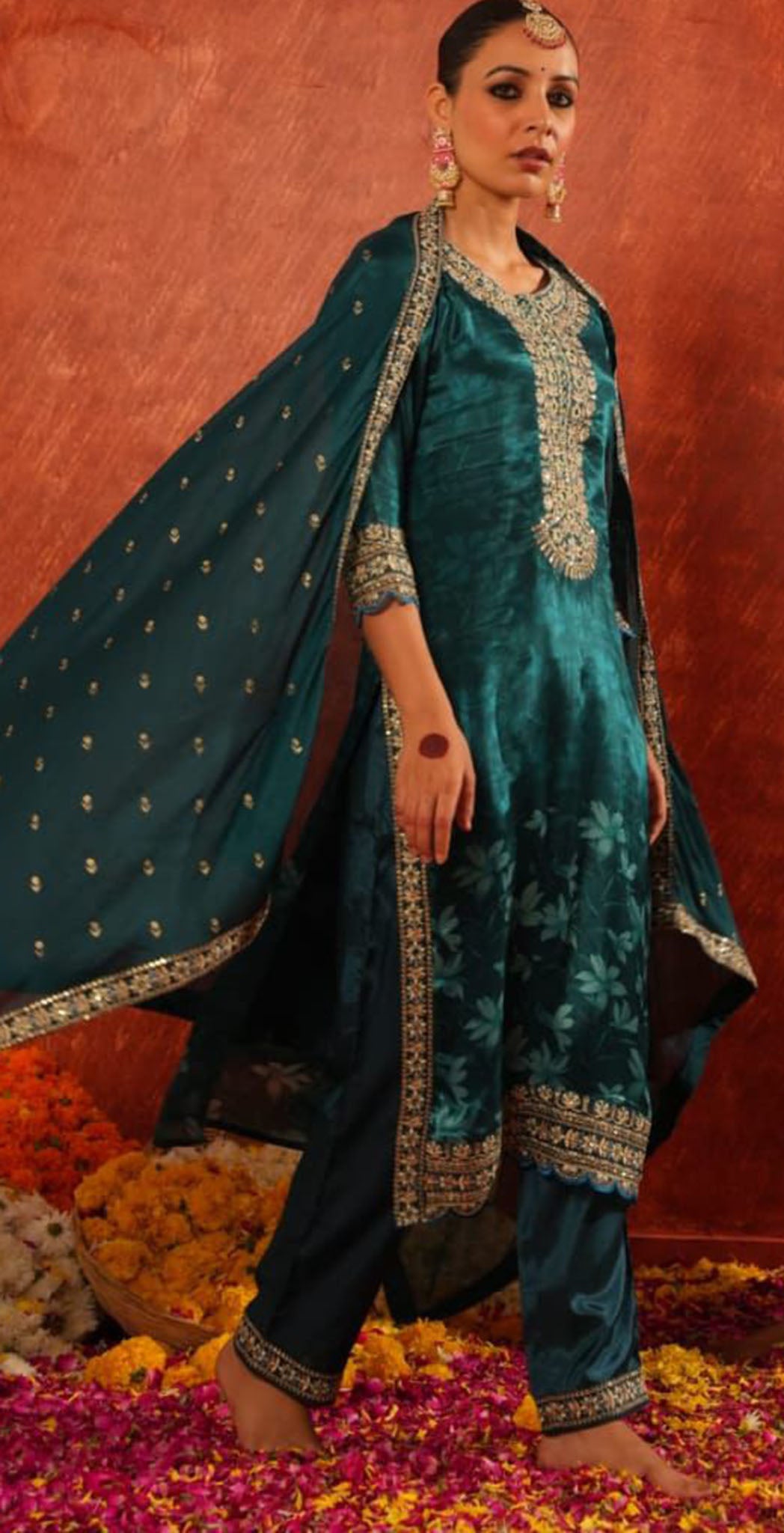 Teal blue Chinon embroidered salwar set
