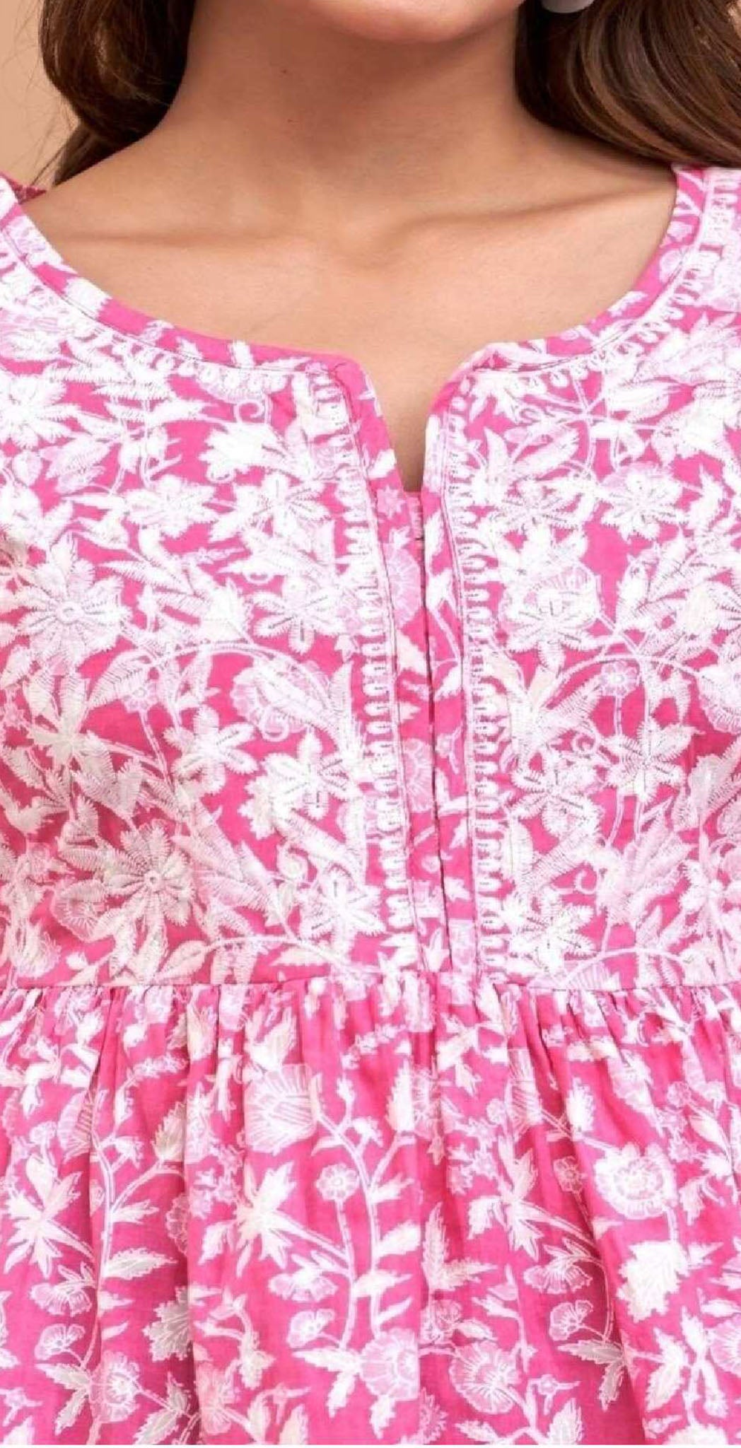 Pink cotton printed and embroidered Kurti