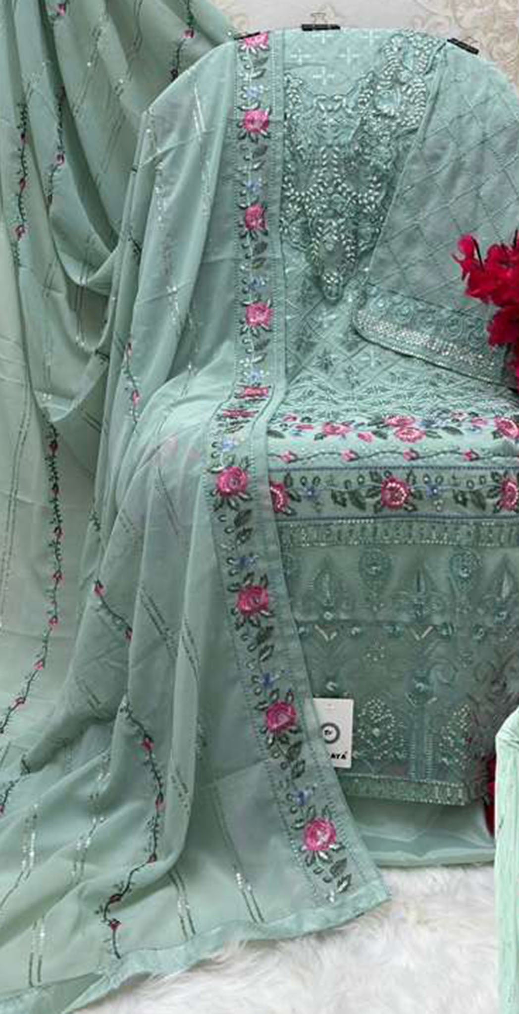 Mint green georgette embroidered dress material