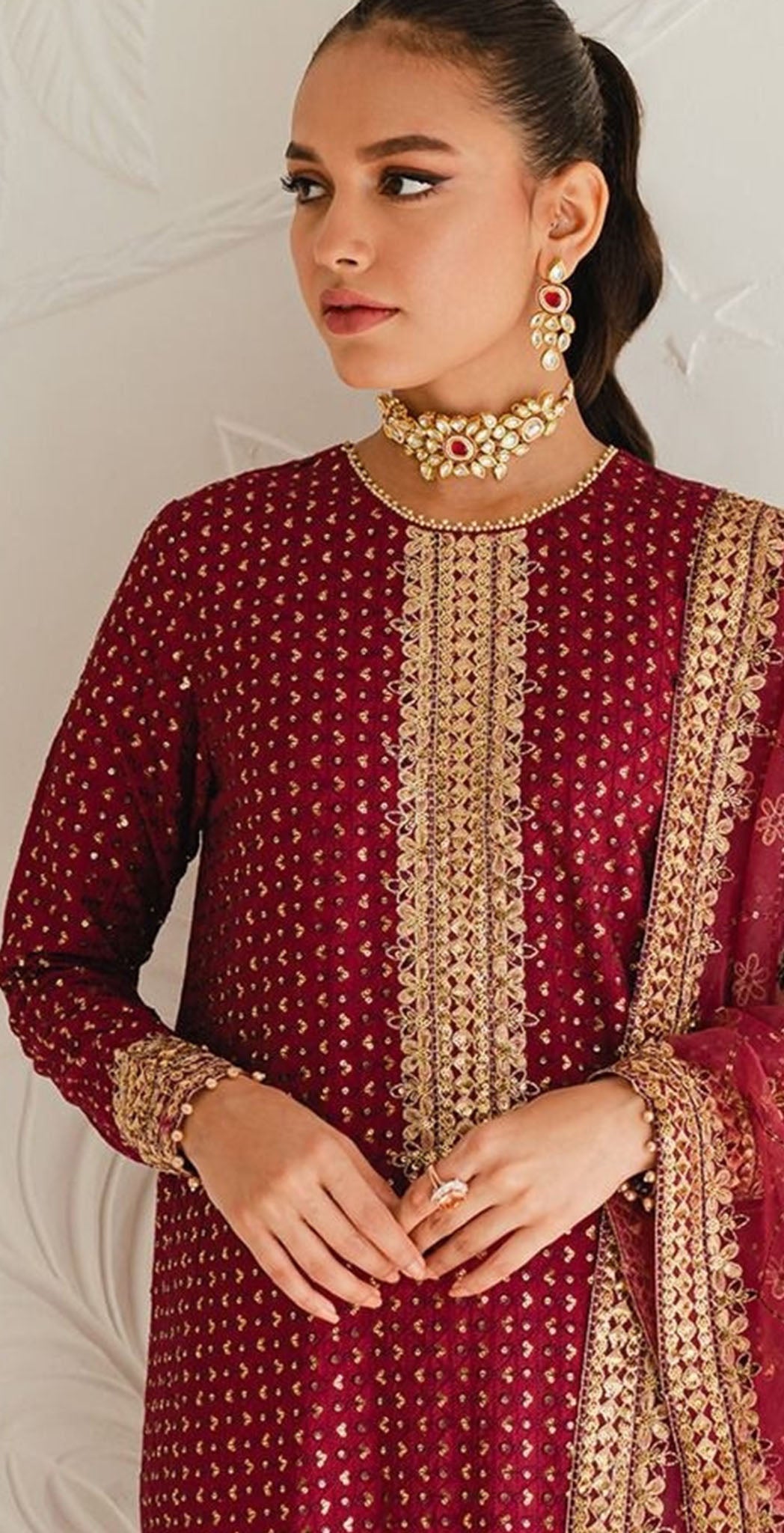 Rani pink georgette embroidered dress material