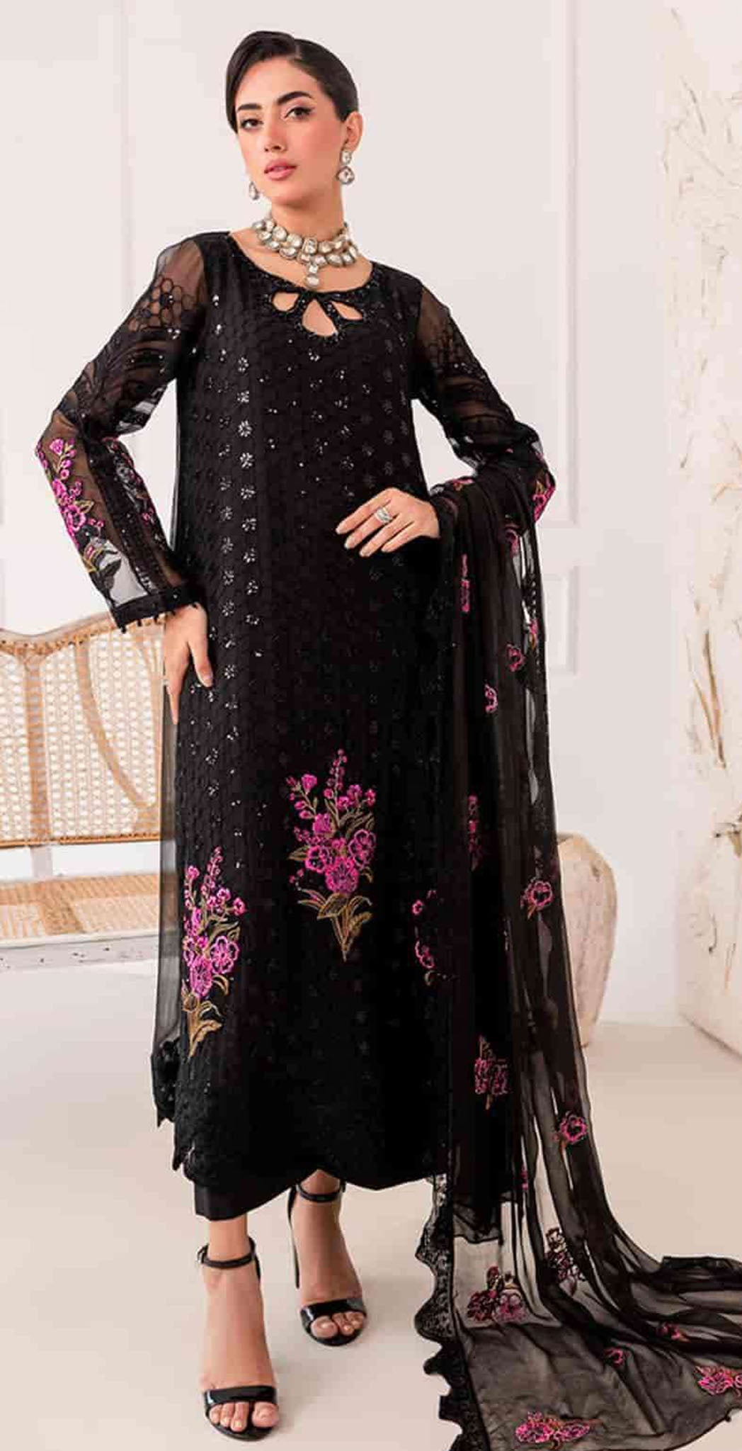 georgette embroidered dress material Black Georgette Embroidered Suit Set Partywear Dress Material