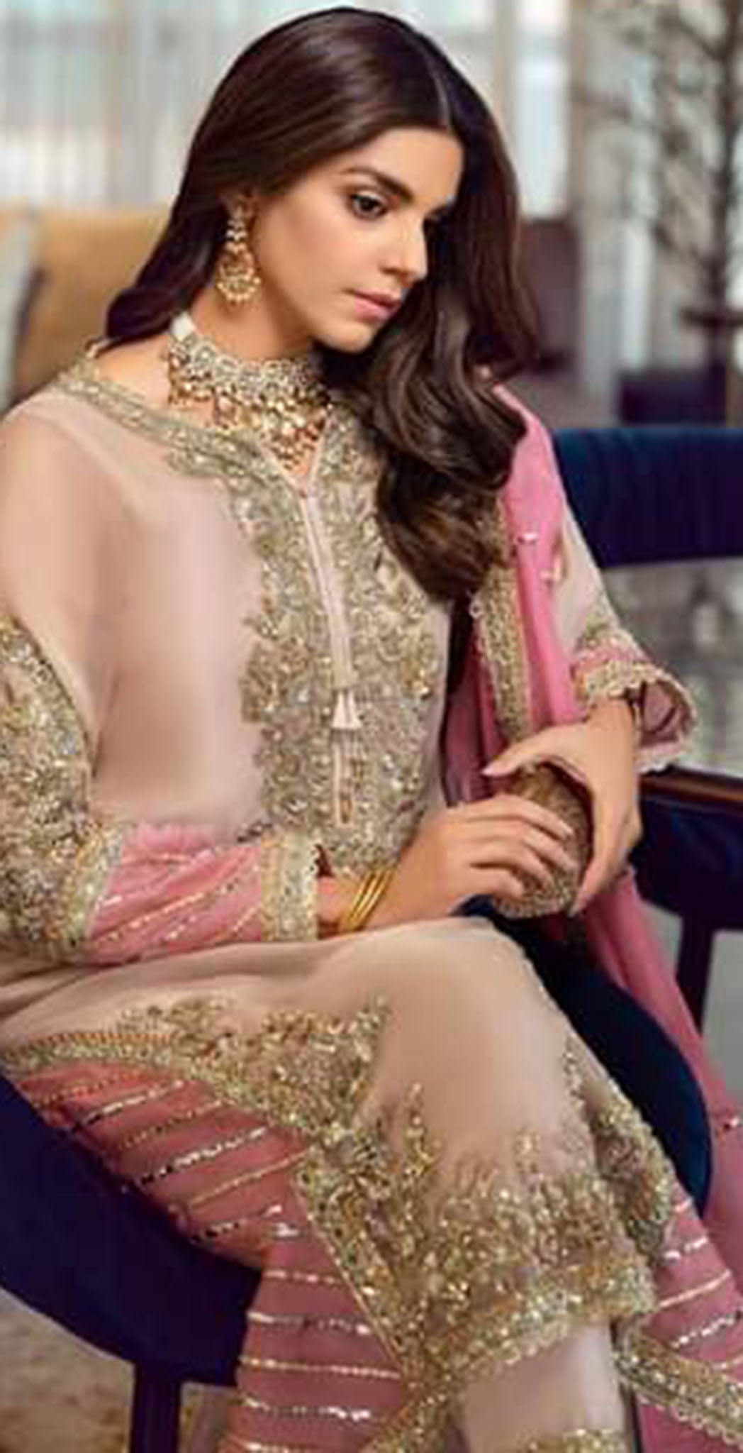 Pink georgette embroidered dress material