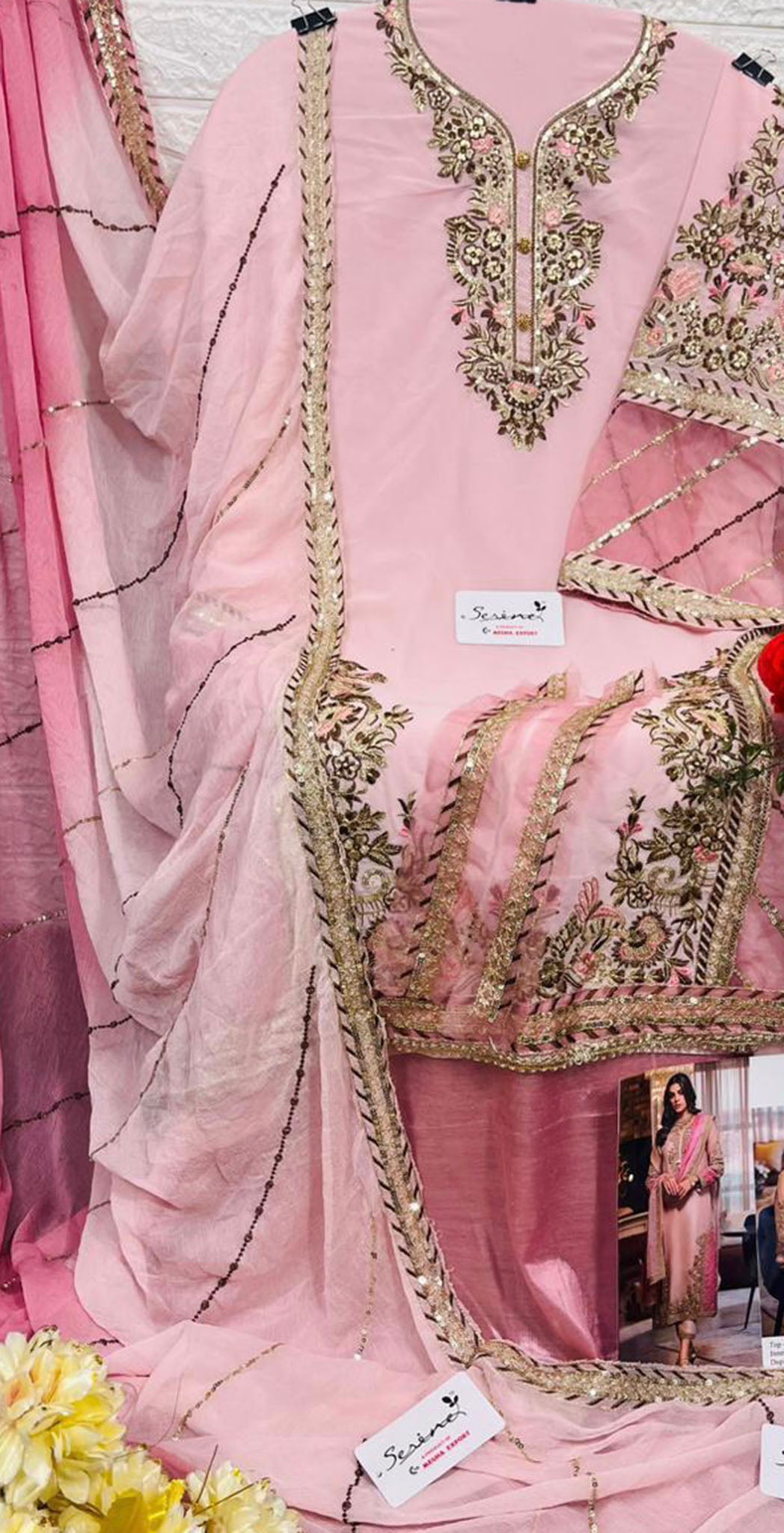 Pink georgette embroidered dress material