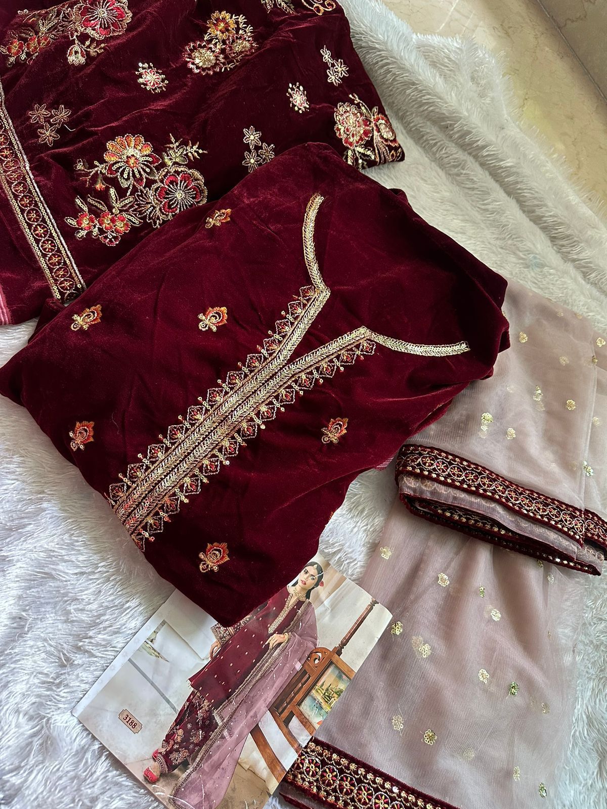 Maroon velvet embroidered dress material