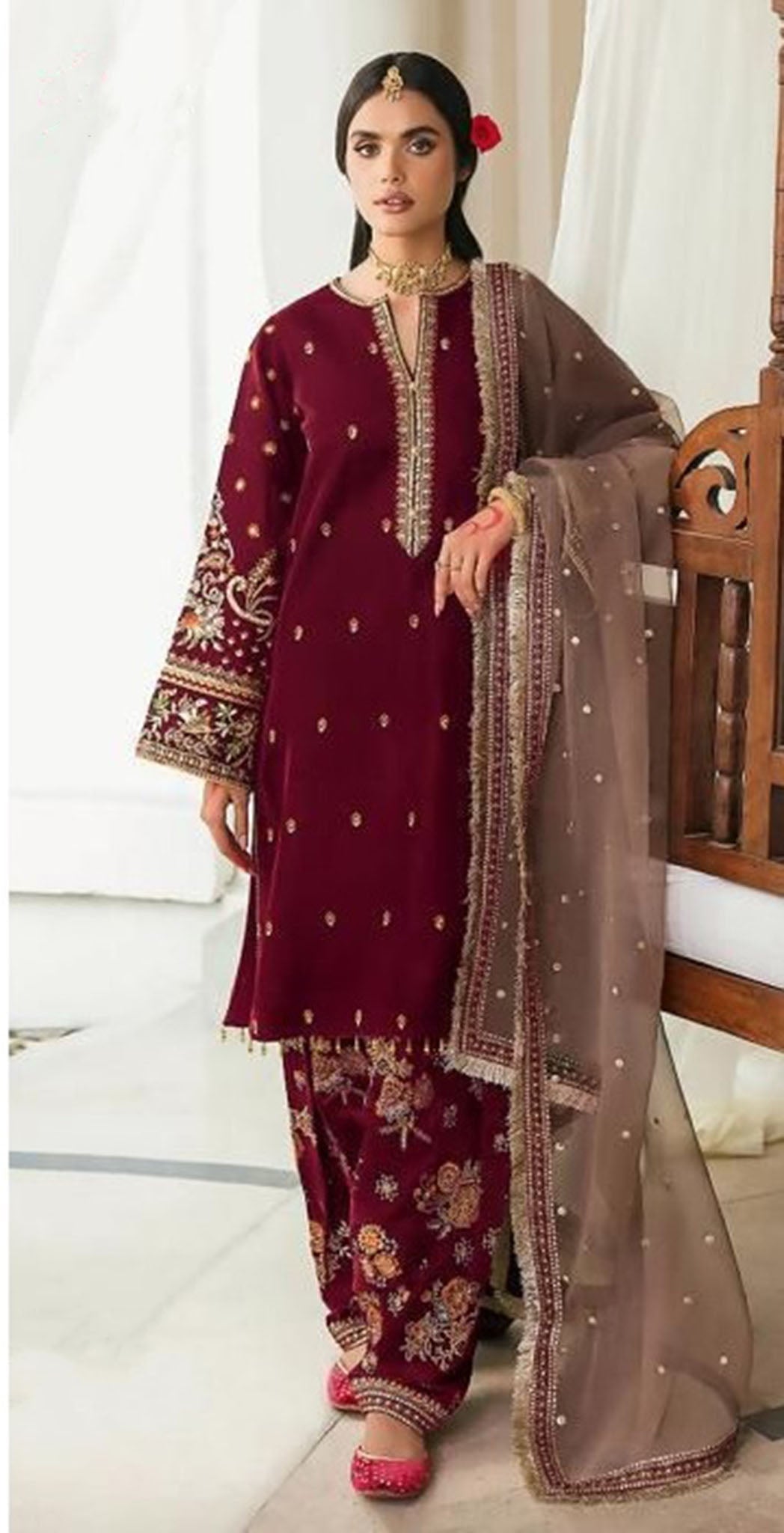 Maroon velvet embroidered dress material