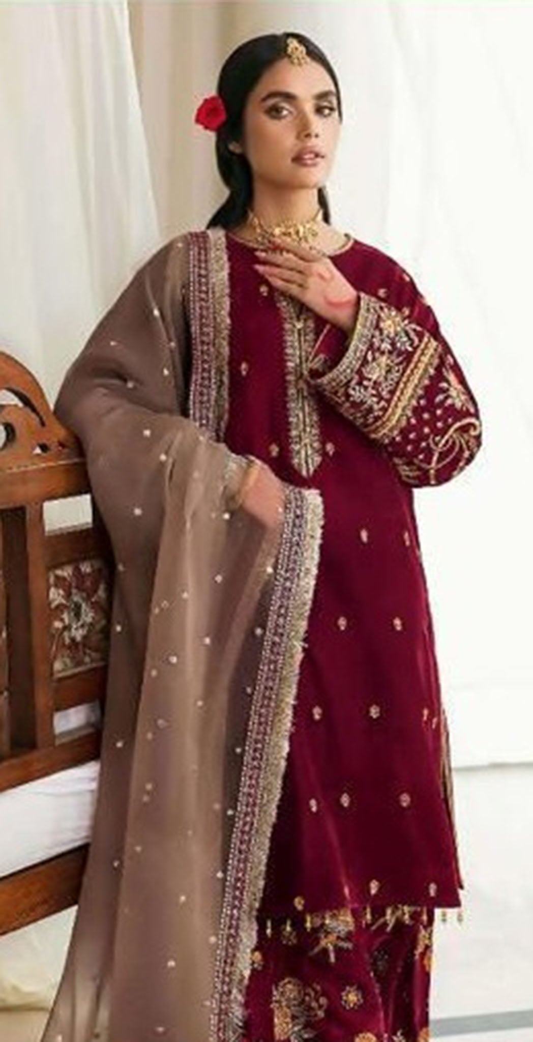 Maroon velvet embroidered dress material