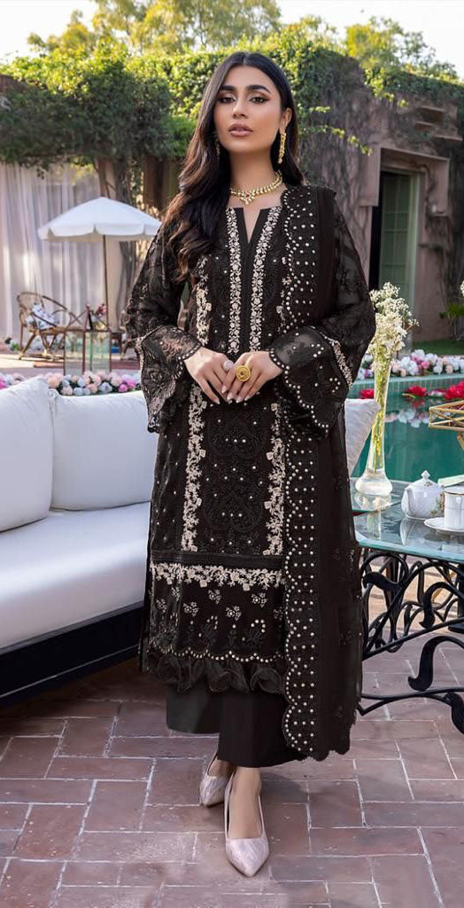 Women black embroidered fox georgette unstitched salwar set
