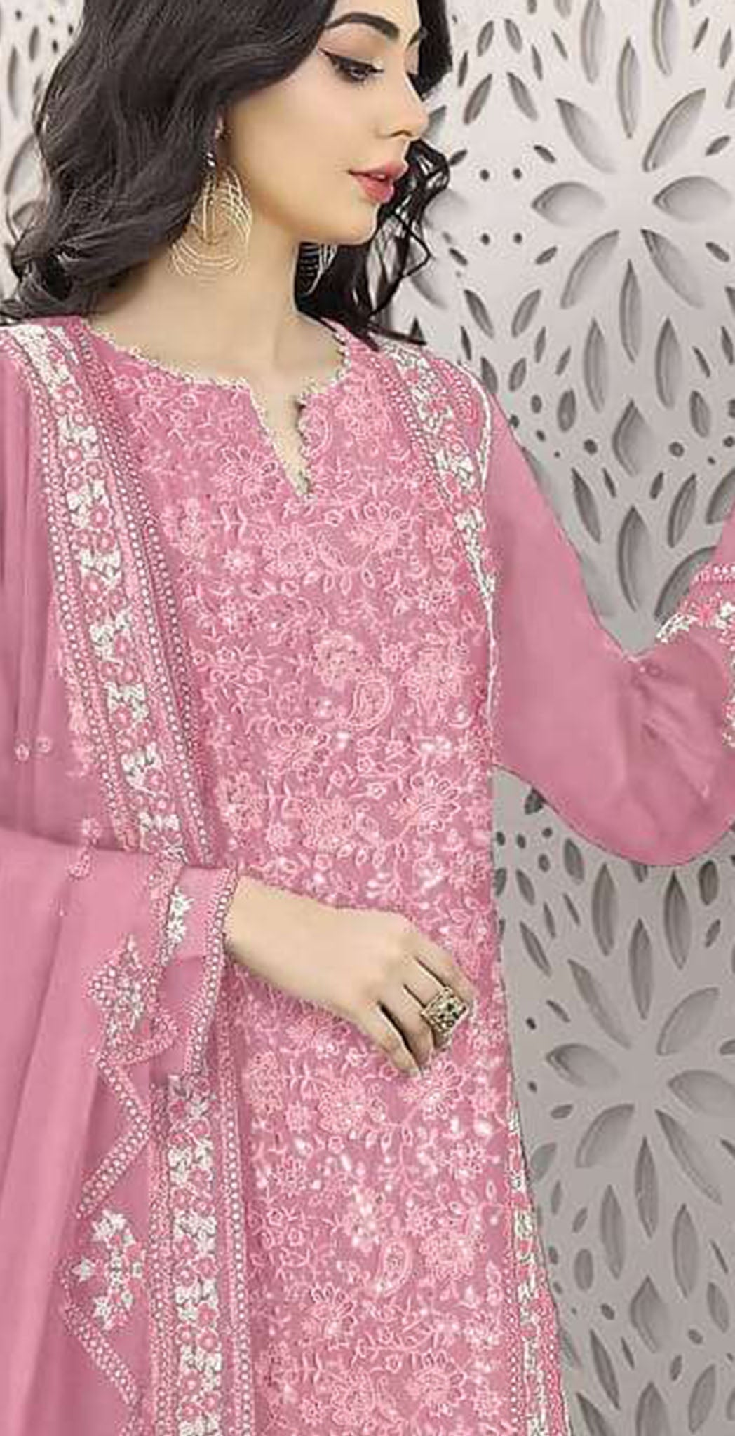 Pink georgette embroidered dress material