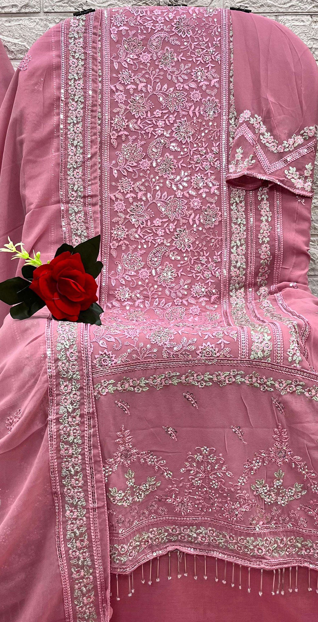 Pink georgette embroidered dress material