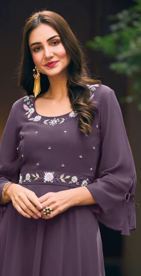 Purple georgette ready to wear designer gown with belt