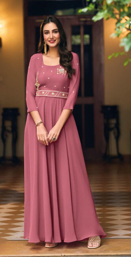 Rose pink georgette ready to wear designer gown with belt