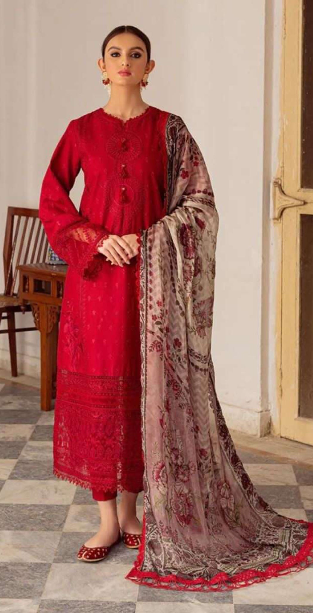 Red Zam polycotton embroidered dress material