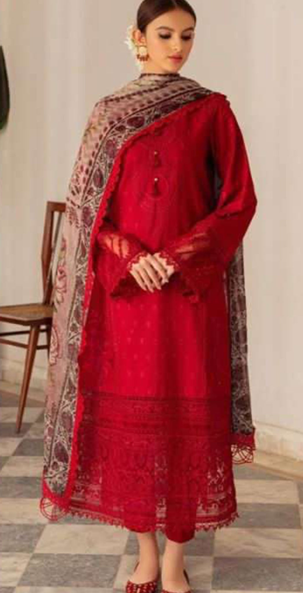 Red Zam polycotton embroidered dress material