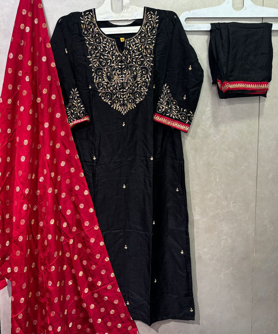 Black dola silk hand embroidered salwar set