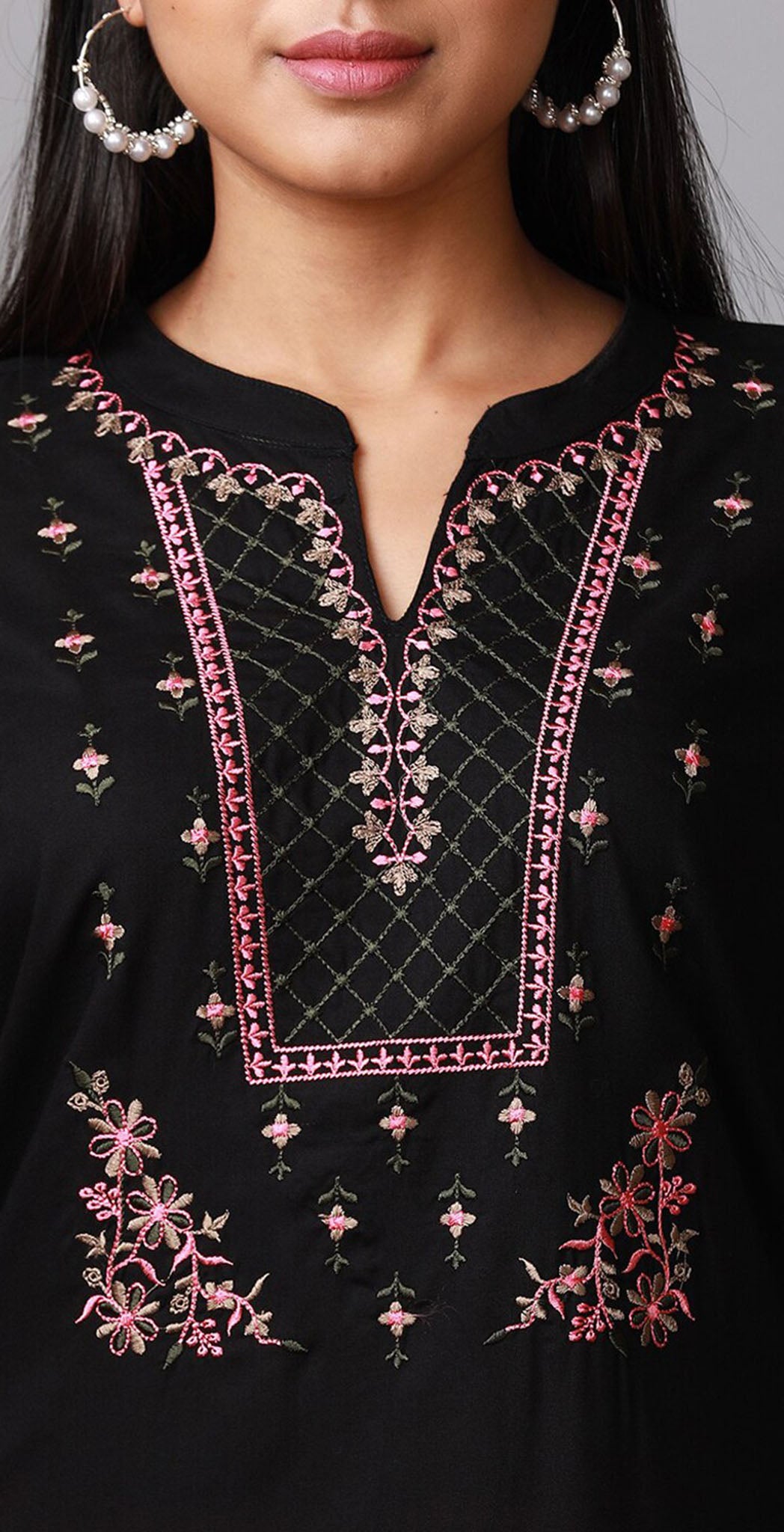 Black rayon pink embroidered Kurta