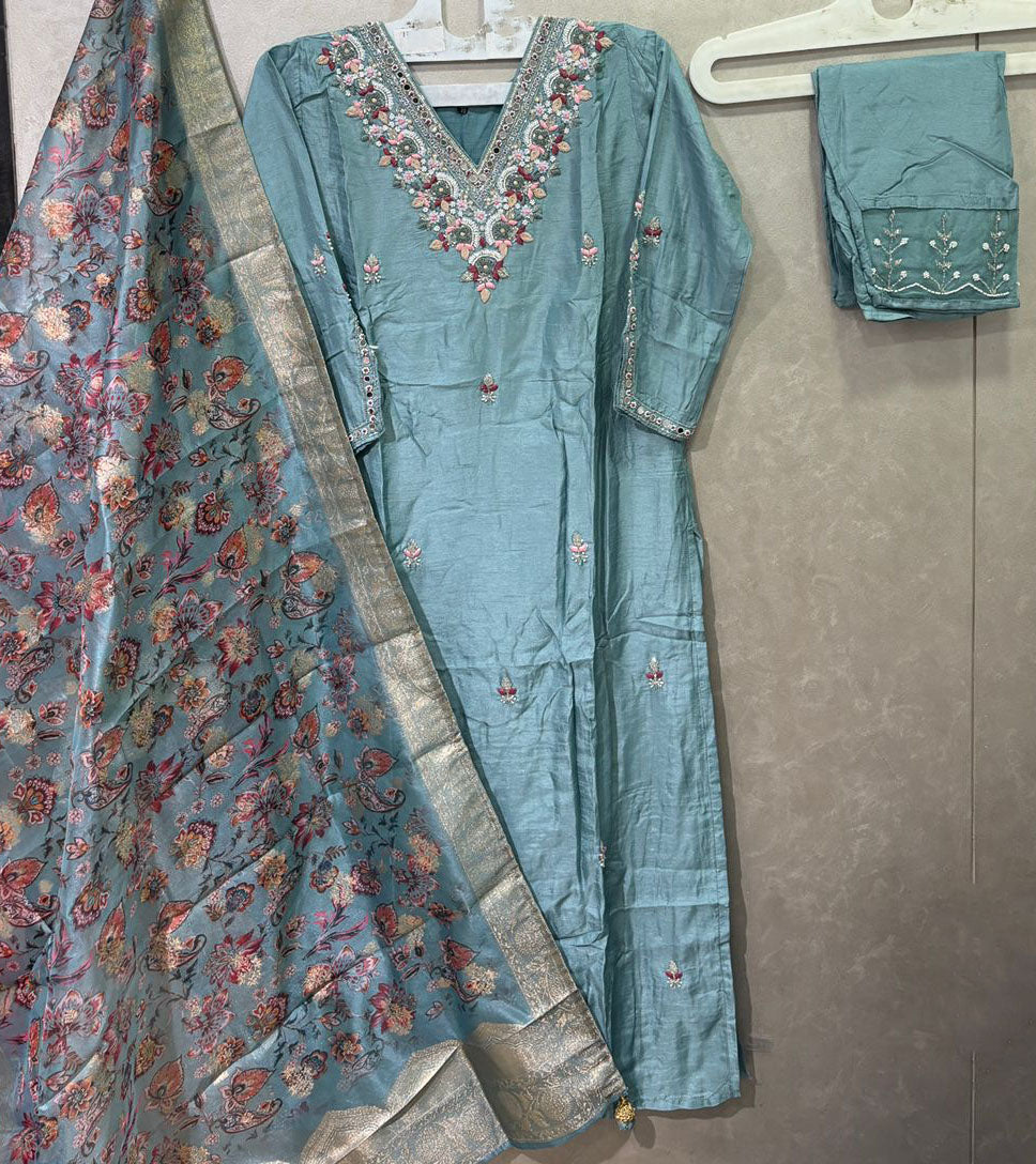 Powder blue dola silk hand embroidered salwar set