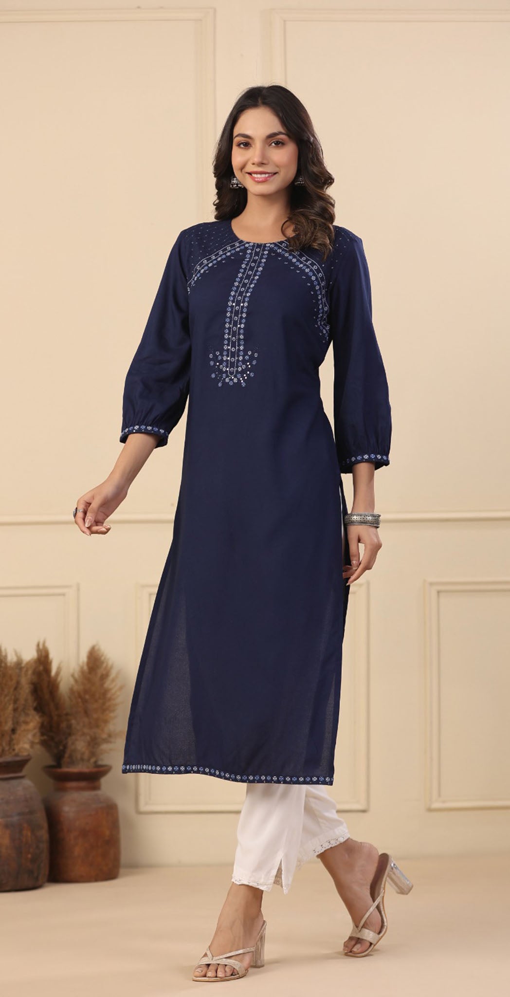 Navy rayon embroidered Kurta