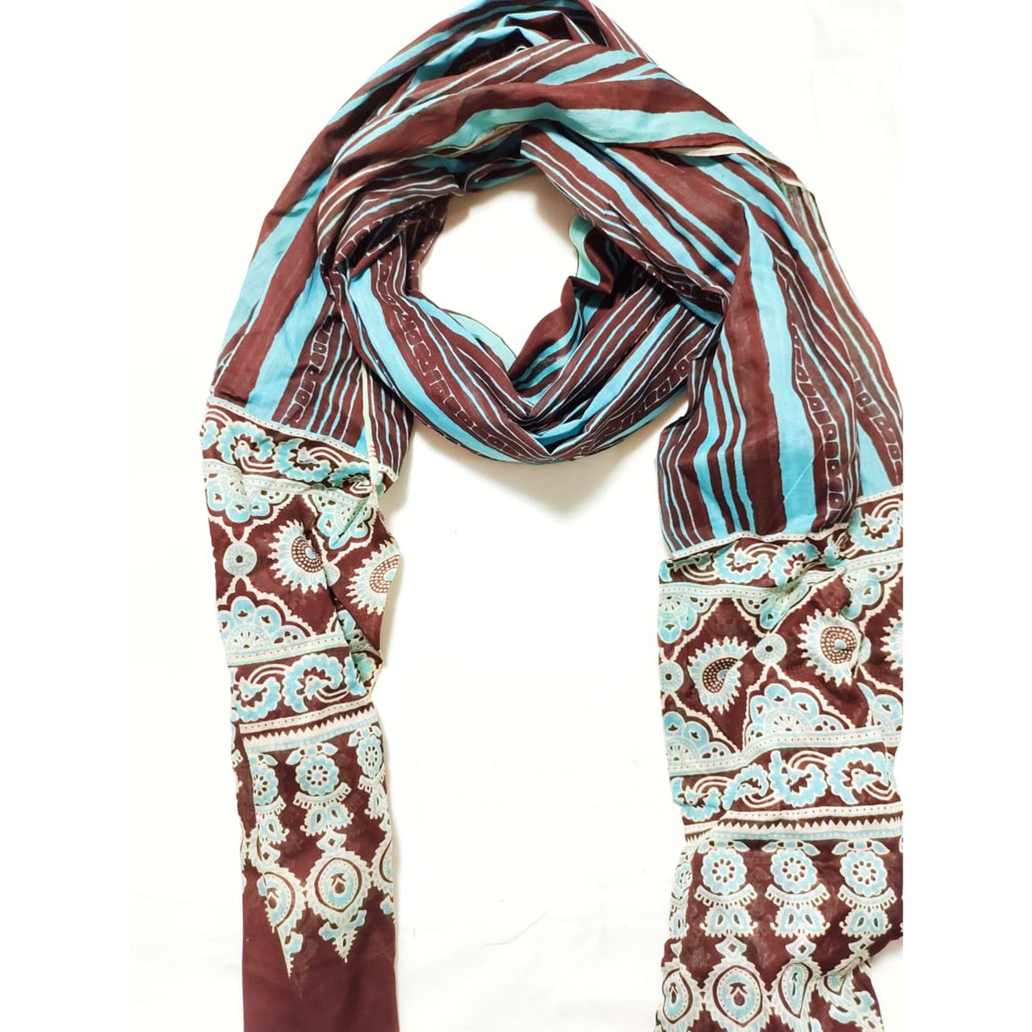 BROWN AND BLUE COTTON AJRAKH PRINTED DUPATTA