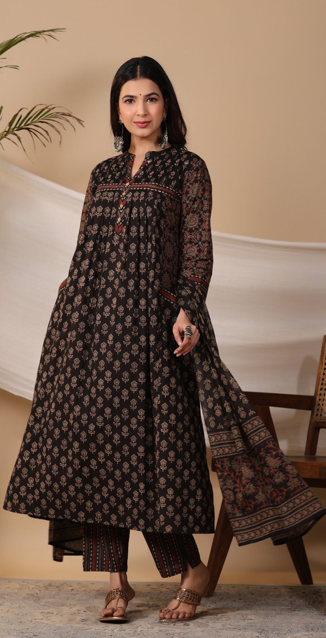 Dark brown cotton printed salwar suit