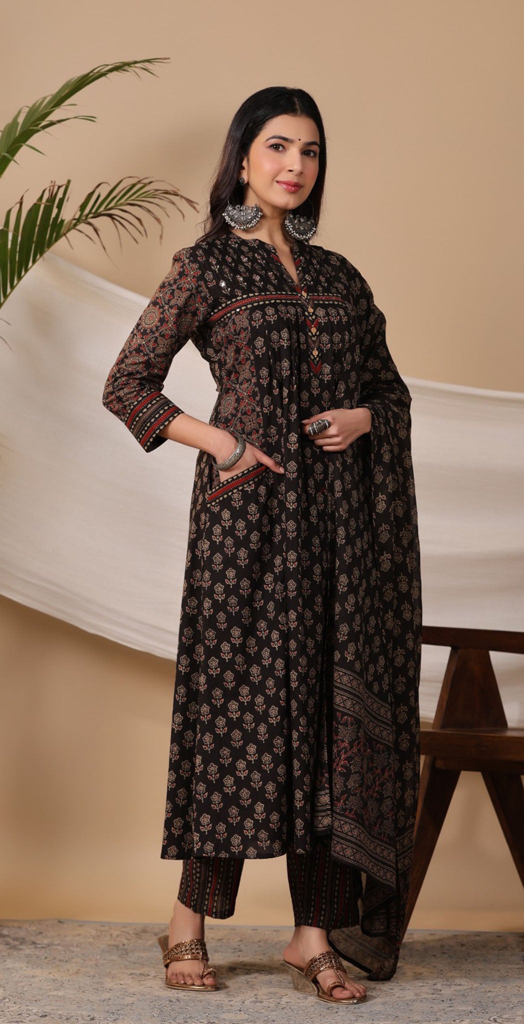 Dark brown cotton printed salwar suit