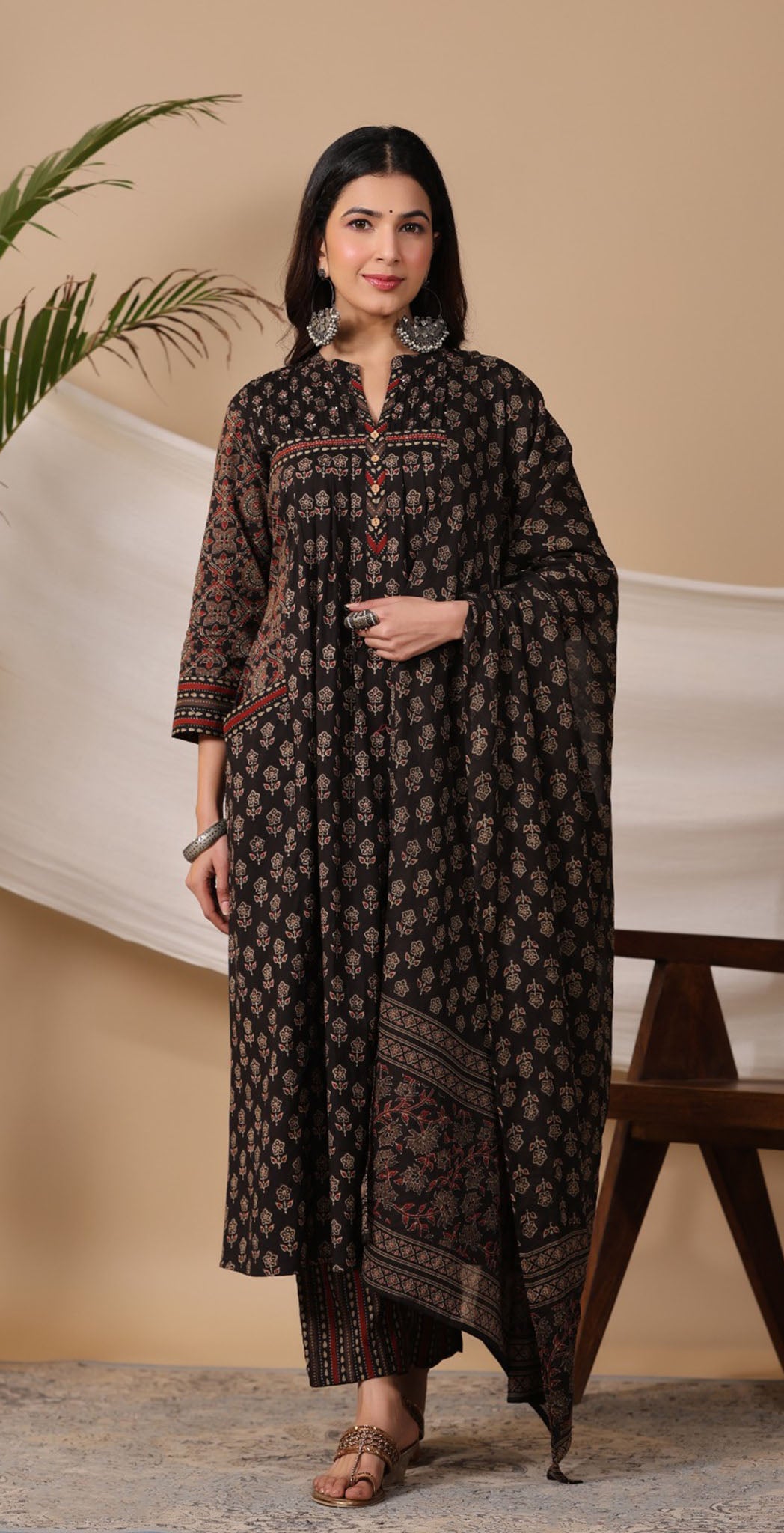 Dark brown cotton printed salwar suit