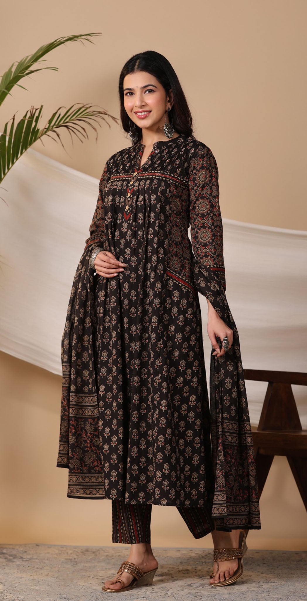 Dark brown cotton printed salwar suit
