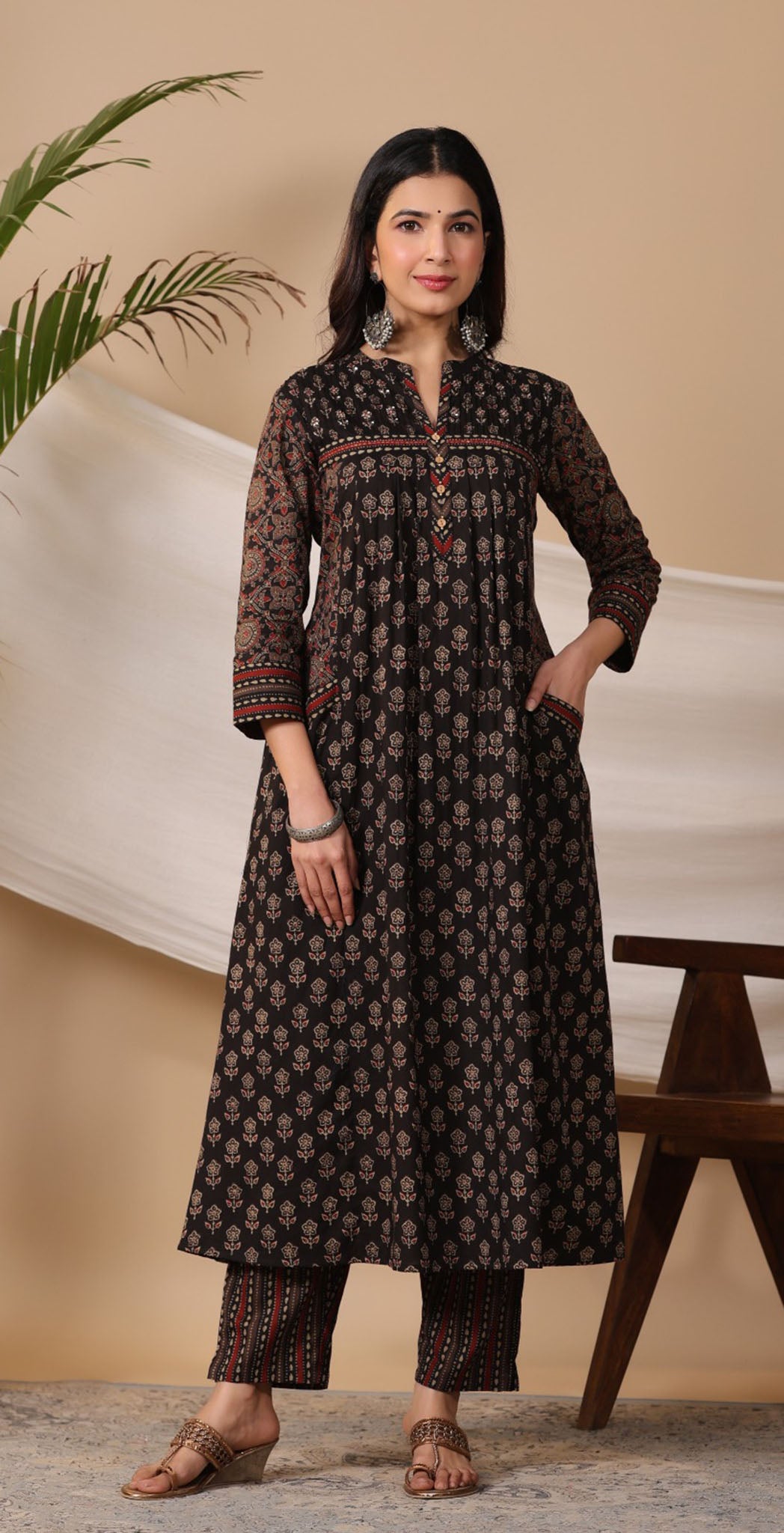Dark brown cotton printed salwar suit