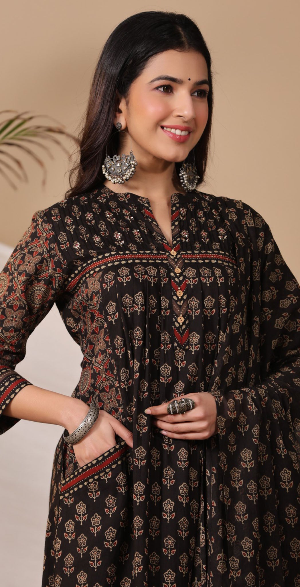Dark brown cotton printed salwar suit