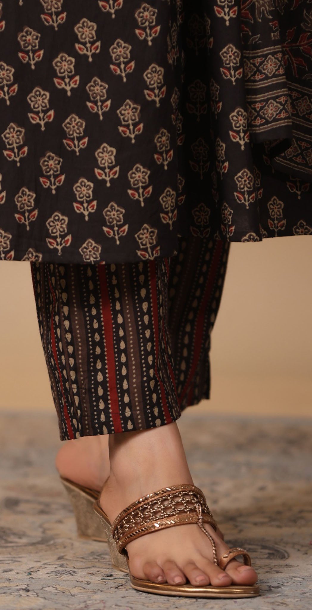 Dark brown cotton printed salwar suit