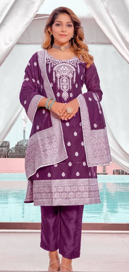 Women viscose chanderi with weaving banarasi jacquard ready to wear nairacut salwar set