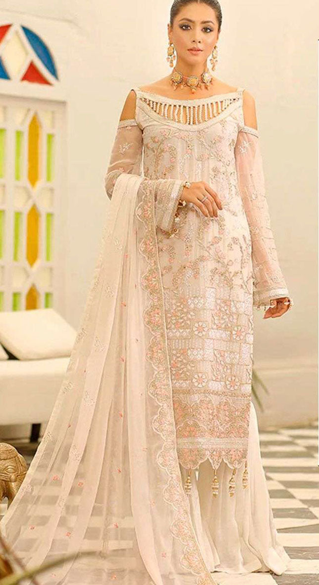 Off white georgette embroidered dress material