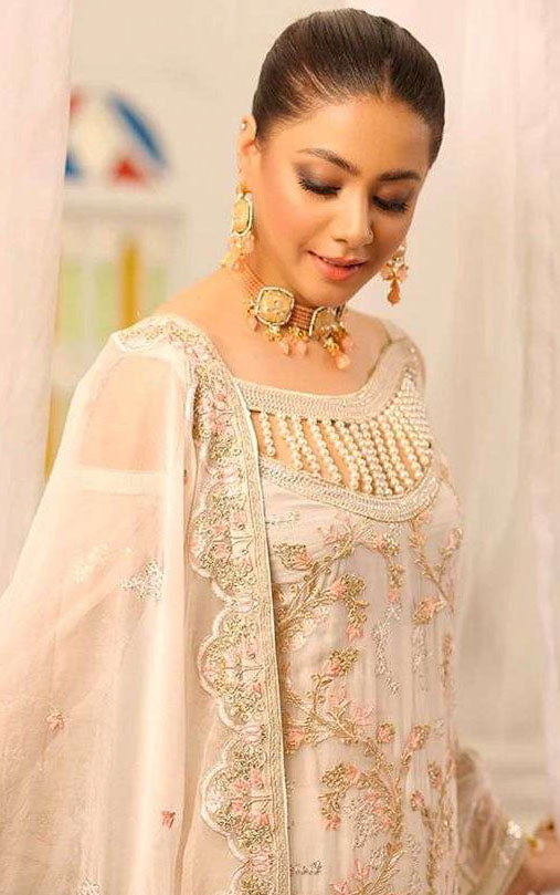 Off white georgette embroidered dress material