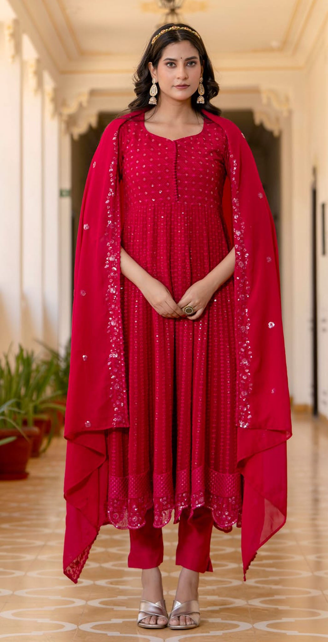Fushia pink georgette embroidered anarkali set