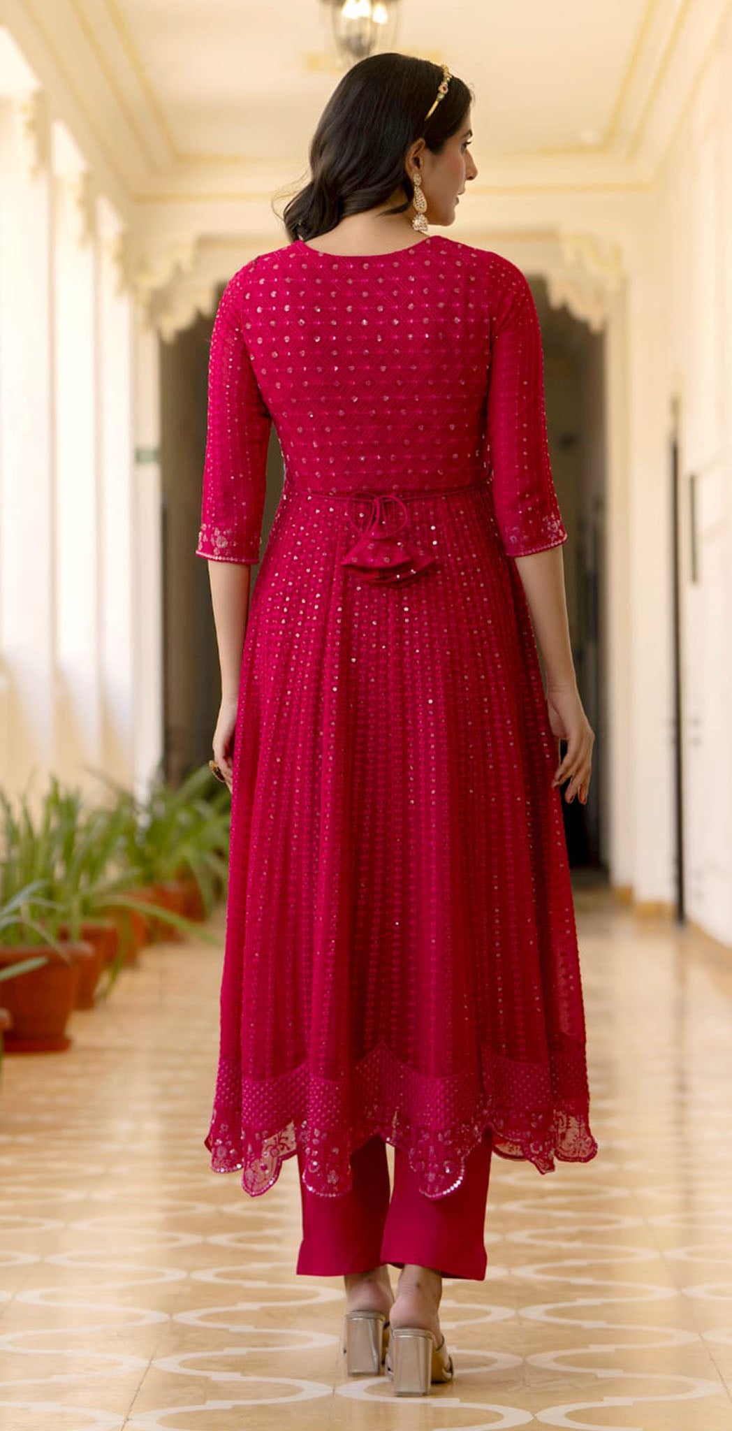 Fushia pink georgette embroidered anarkali set