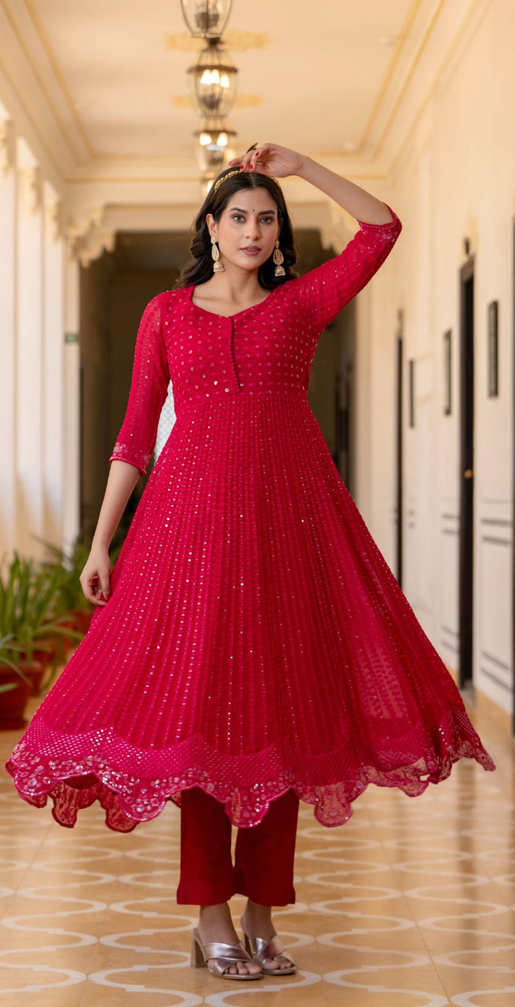 Fushia pink georgette embroidered anarkali set