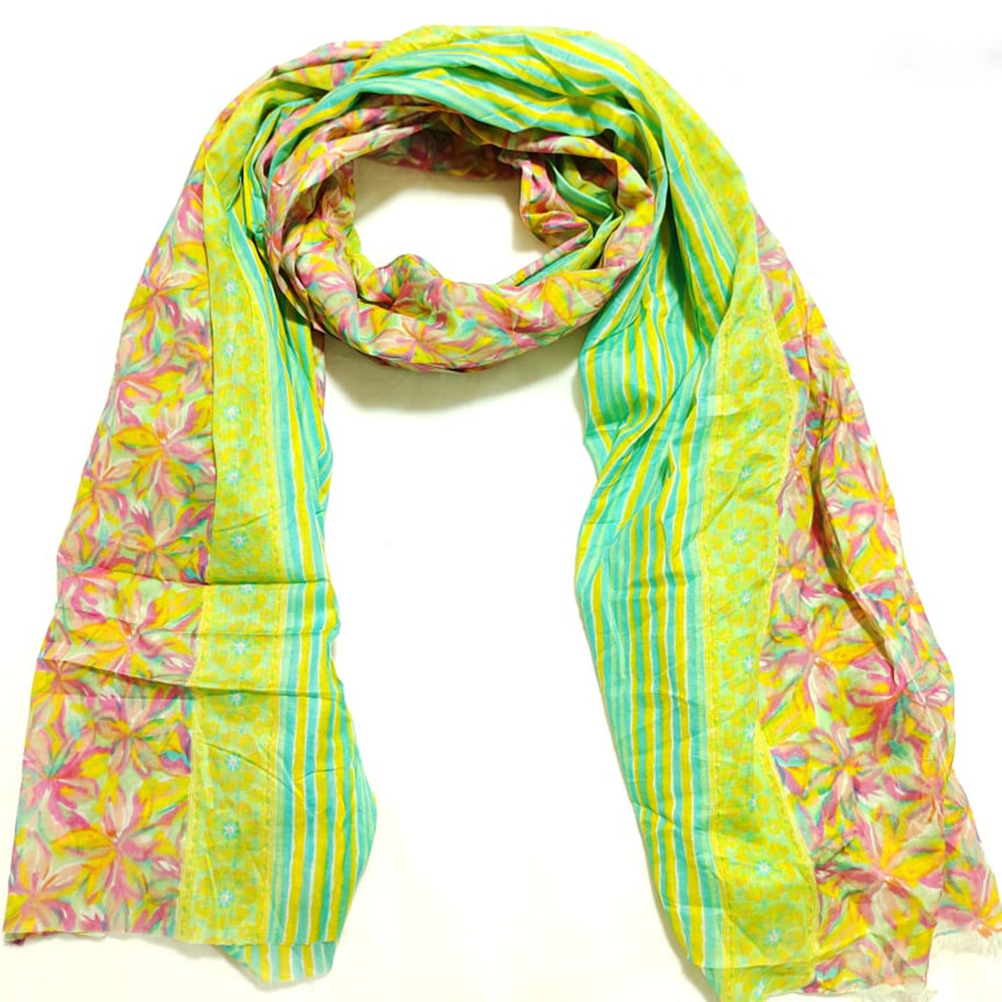 GREEN AND YELLOW COTTON FLORAL PRINTED DUPATTA