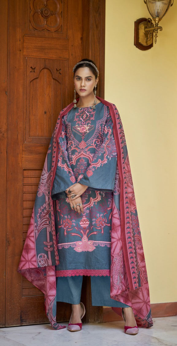 Women printed pure lawn cotton embroidery work with GPO lace unstitched salwar set