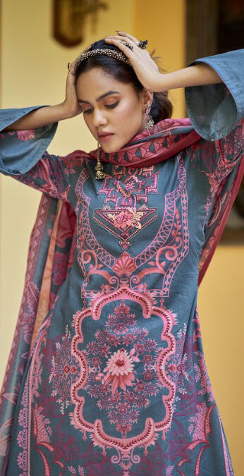 Women printed pure lawn cotton embroidery work with GPO lace unstitched salwar set