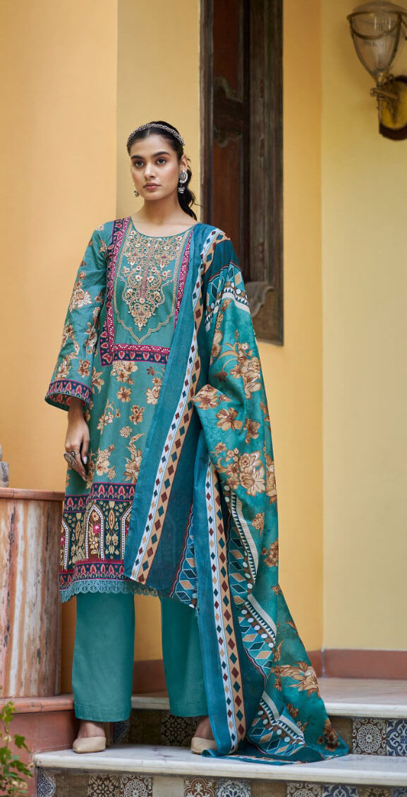 Women printed pure lawn cotton embroidery work with GPO lace unstitched salwar set