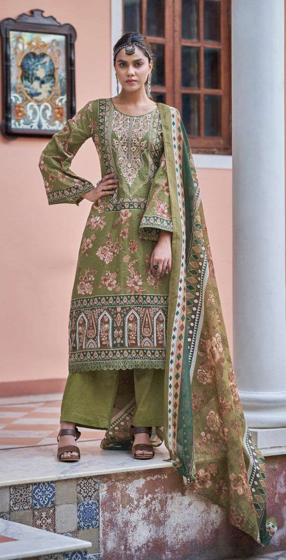 Women printed pure lawn cotton embroidery work with GPO lace unstitched salwar set