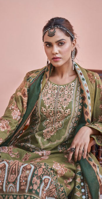 Women printed pure lawn cotton embroidery work with GPO lace unstitched salwar set