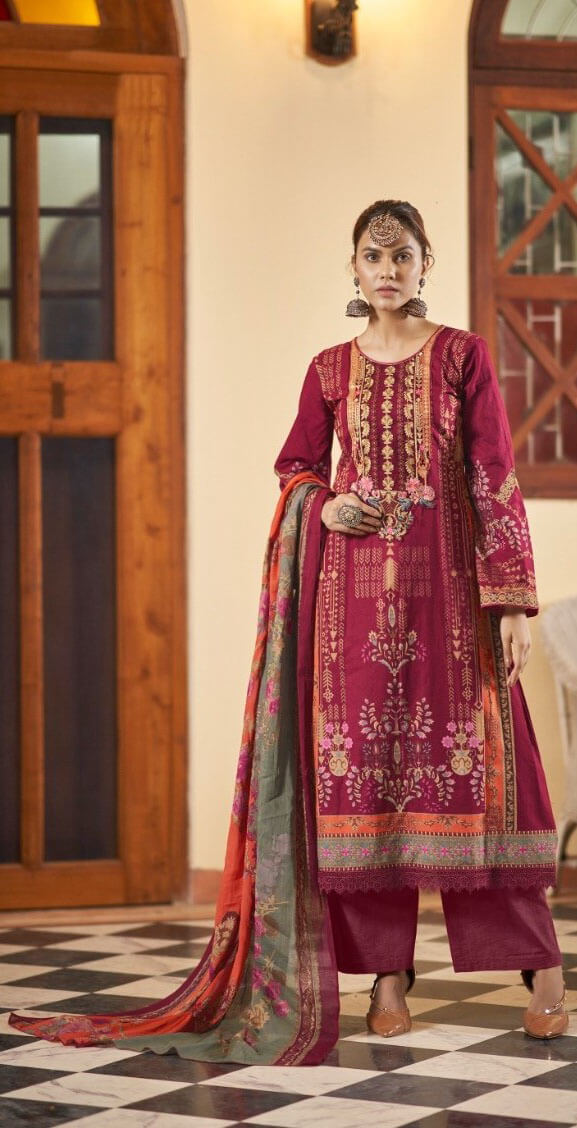 Women printed pure lawn cotton embroidery work with GPO lace unstitched salwar set