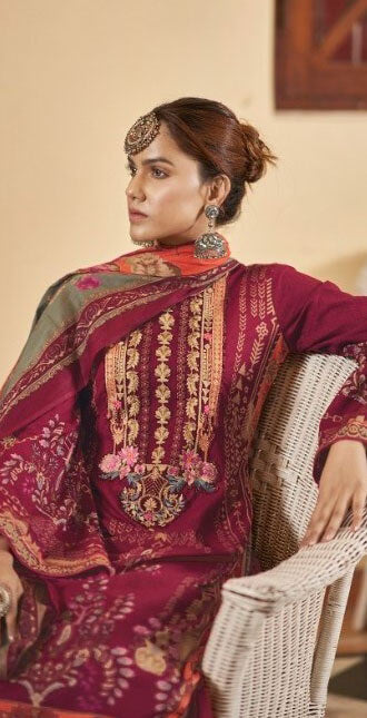 Women printed pure lawn cotton embroidery work with GPO lace unstitched salwar set