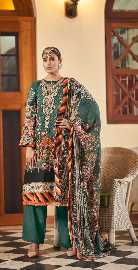 Women printed pure lawn cotton embroidery work with GPO lace unstitched salwar set