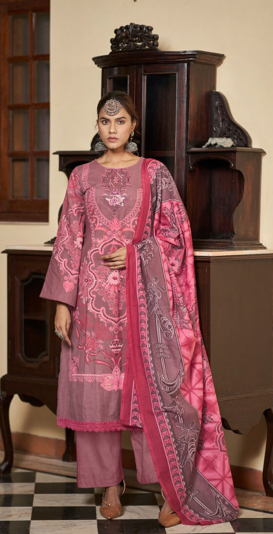 Women printed pure lawn cotton embroidery work with GPO lace unstitched salwar set