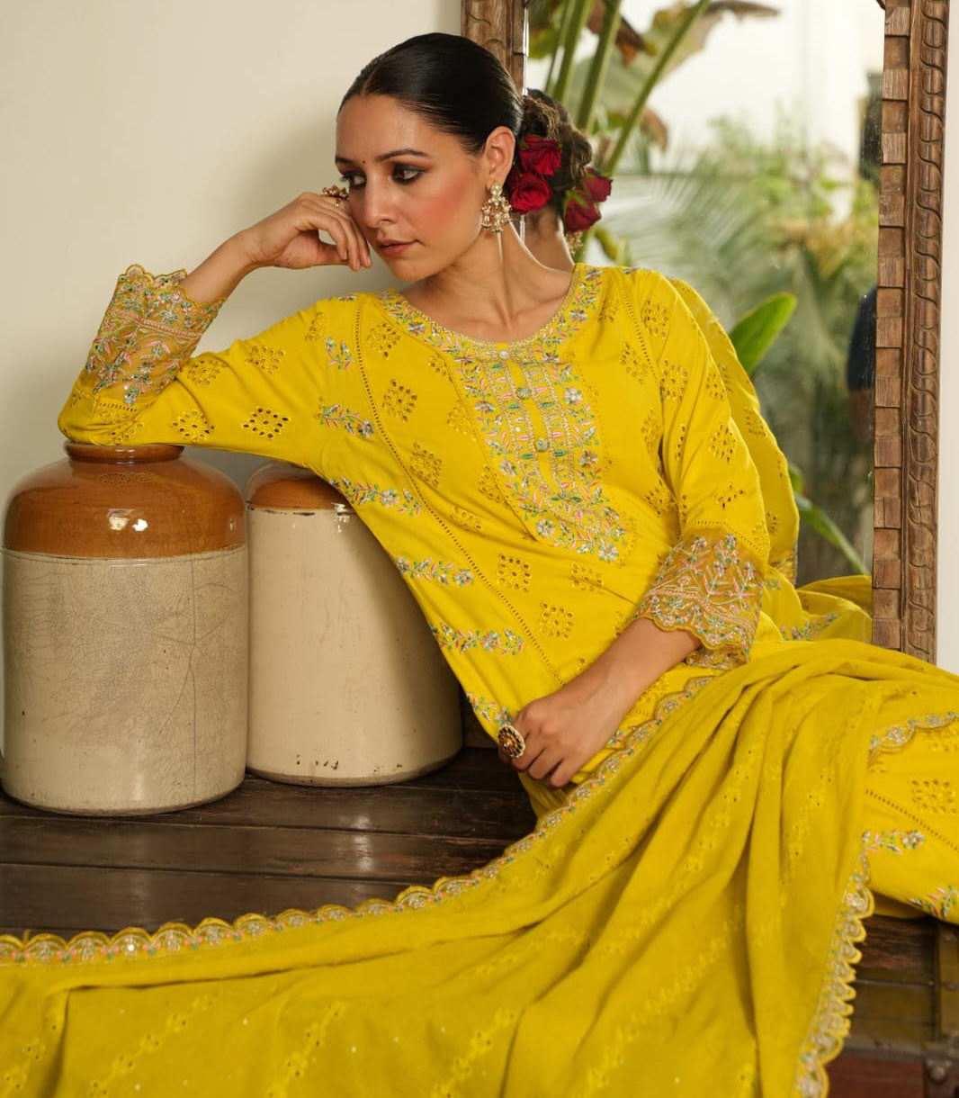 Mustard yellow Rayon schiffli embroidered salwar set