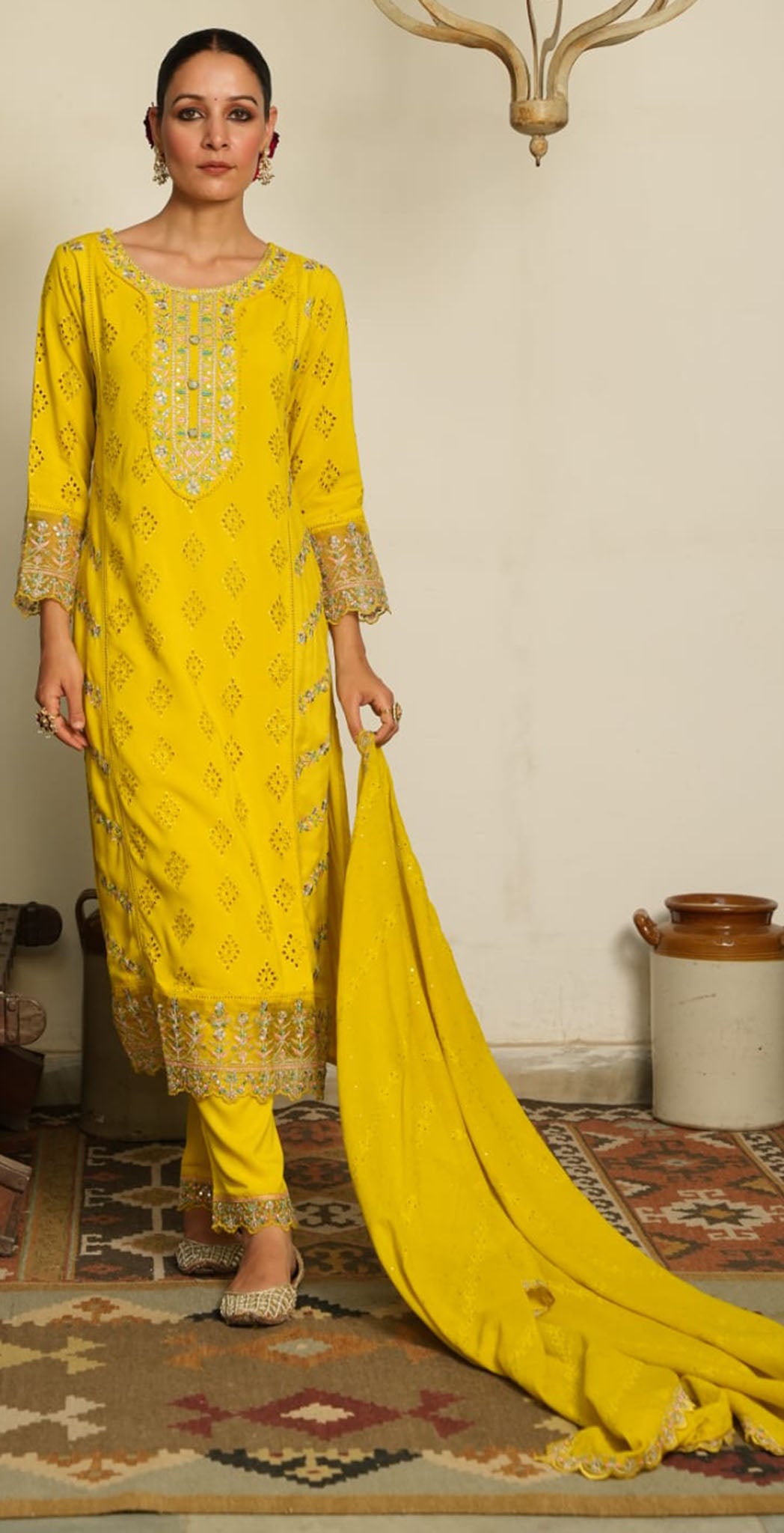 Mustard yellow Rayon schiffli embroidered salwar set