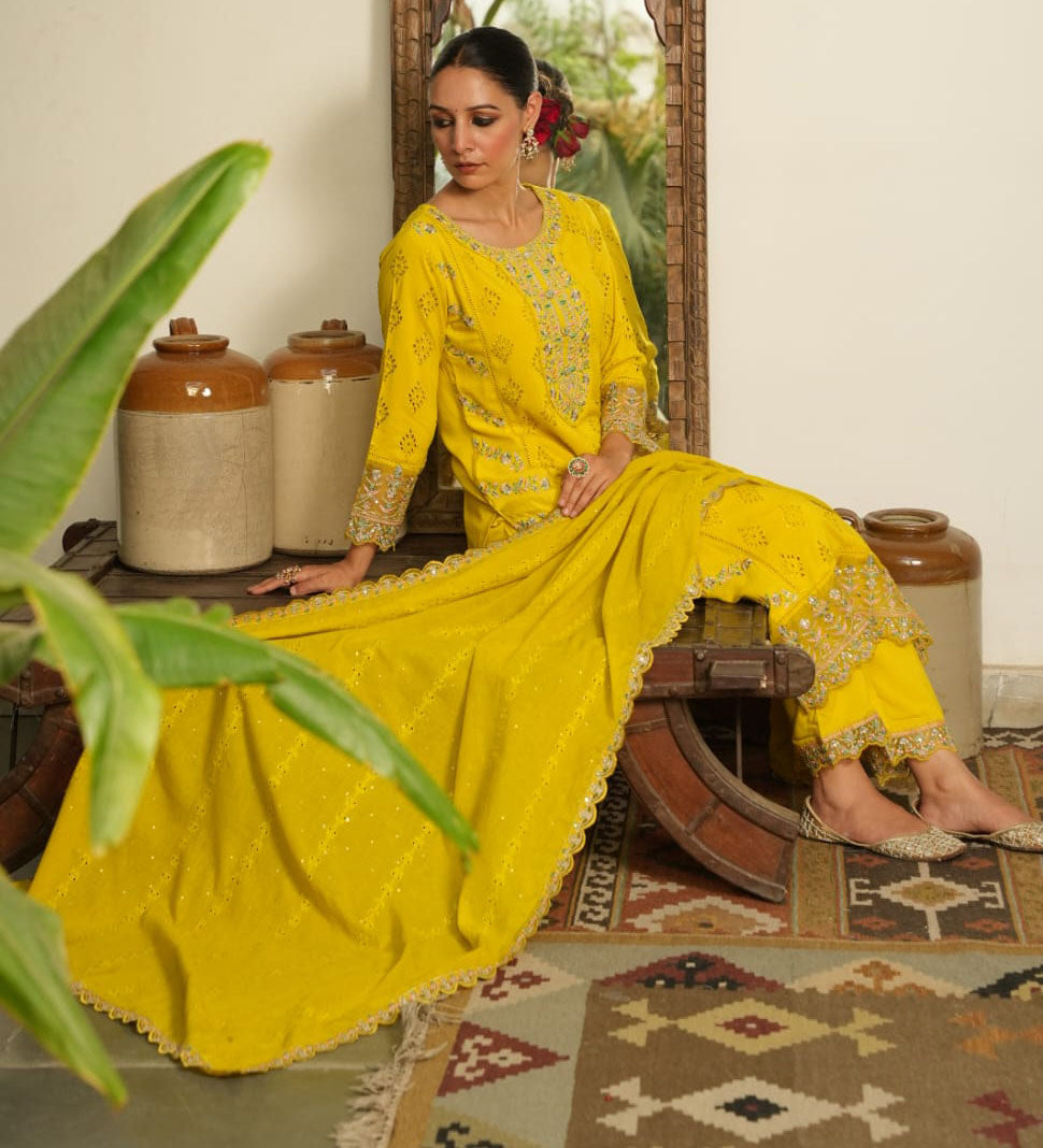 Mustard yellow Rayon schiffli embroidered salwar set
