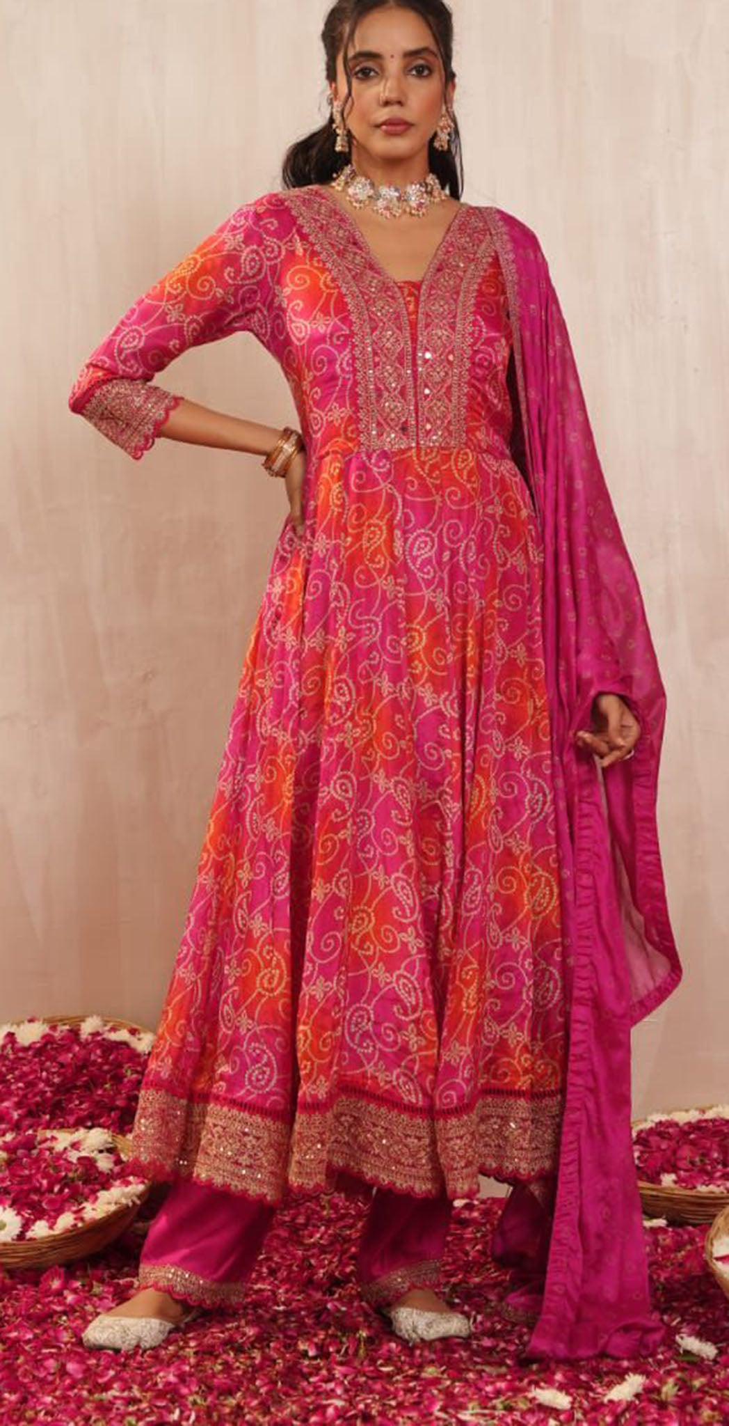 Orange and pink Chinon printed and embroidered semi anarkali set